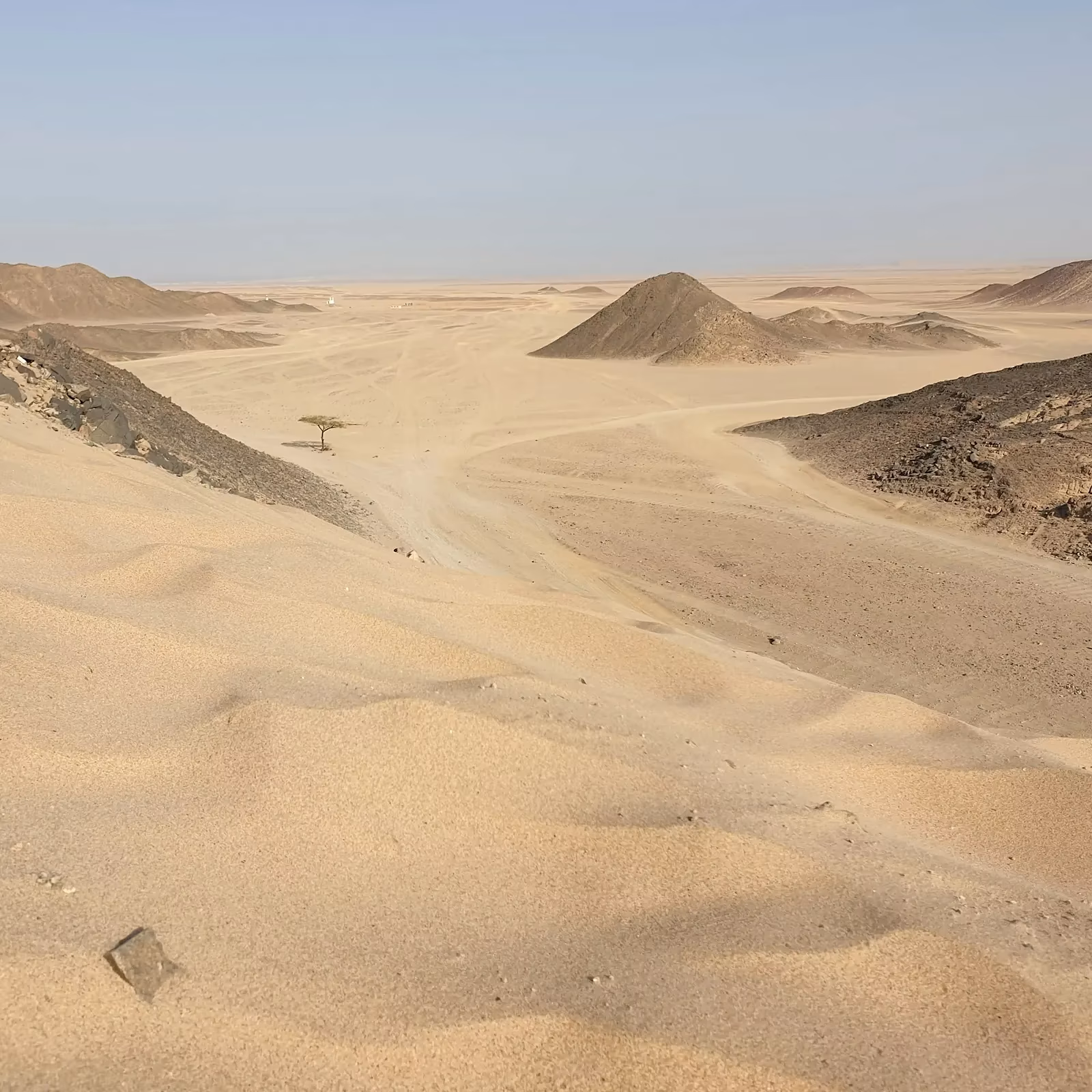 Zandduinen en rotsachtige heuvels in de woestijn