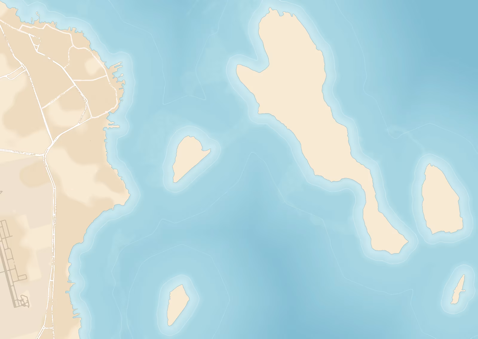 Kaart van Hurghada en de Rode Zee met Sindbad Club en Marina Hurghada aan de kust en voor de kust de eilanden Abu Minkar, Giftun Kebir en Giftun Saghir