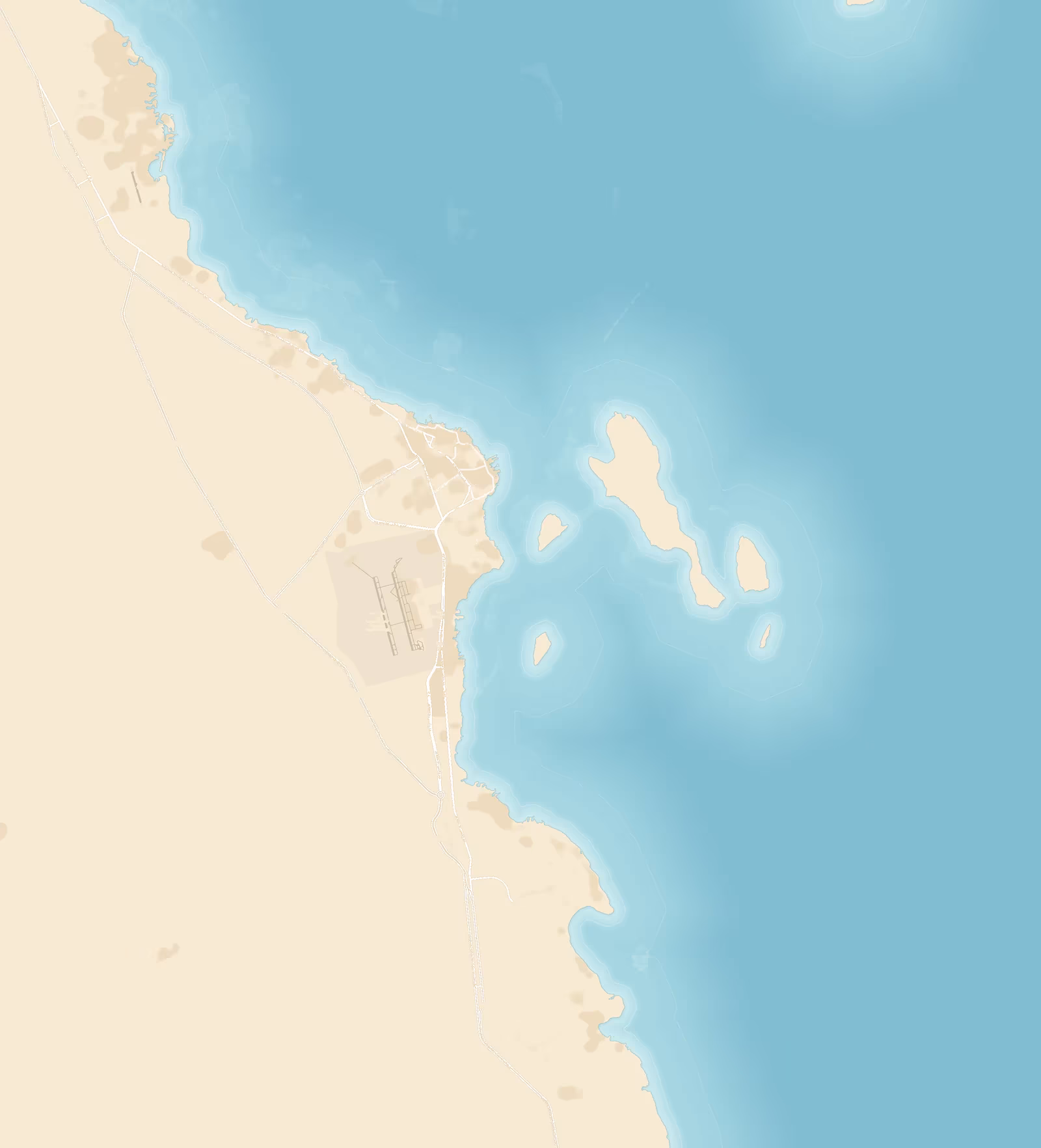 Kaart van de regio Hurghada aan de Rode Zee met El Gouna in het noorden, de stad Hurghada met de luchthaven en de eilanden voor de kust, en Sahl Hasheesh en Makadi Bay in het zuiden