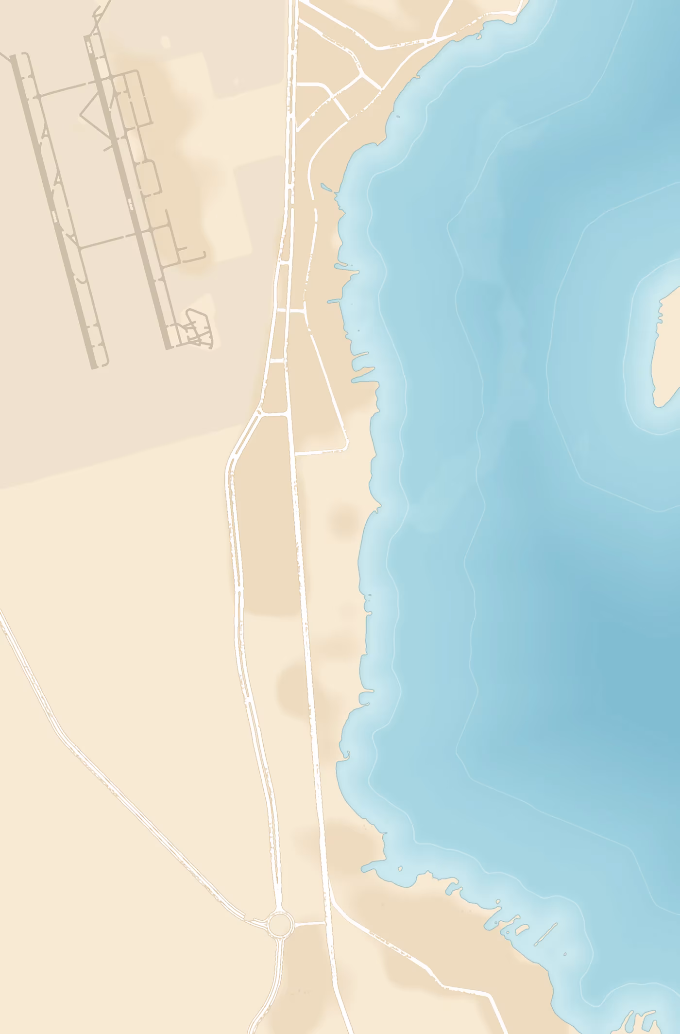 Kaart van het zuiden van Hurghada met Sindbad Club bovenaan, de luchthaven, het Grand Aquarium en onderaan Senzo Mall en Sand City bij de grote rotonde